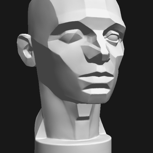 The Asaro planar head 3D model, with the face built from flat facets across the forehead, cheeks, nose and jaw.